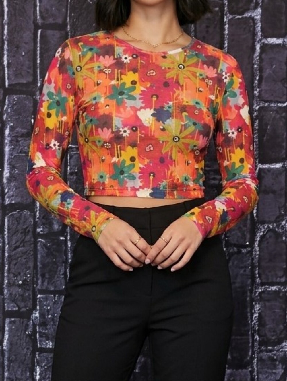 Forever 21+ Plus Multicolor Floral Long-Sleeve Crop Top 2X